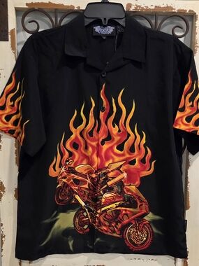 Silver Point Y2K Flame Motorcycle Button Up Shirt Mens L Black Biker Rockabilly